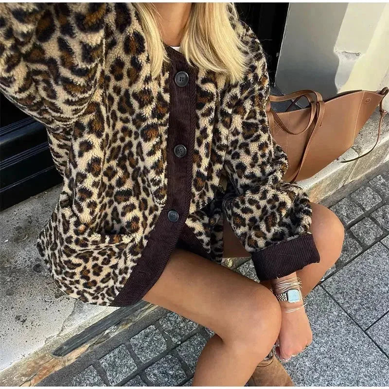 Women's Leopard Print Cardigan with Button Closure