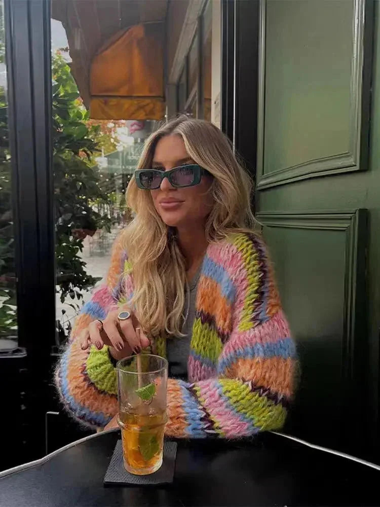 Multicolored Women's Striped Knit Cardigan