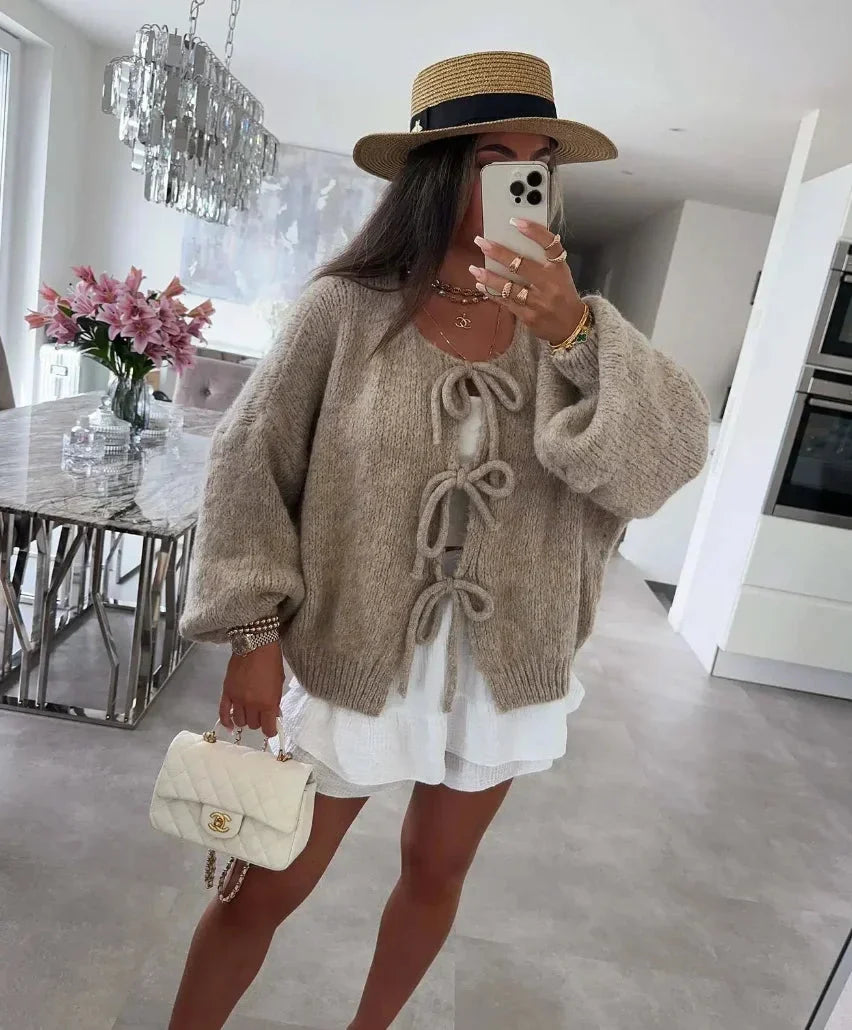 Women's Knotted Cardigan with Wide Sleeves