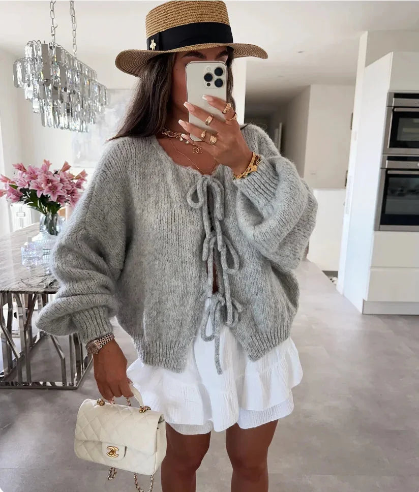 Women's Knotted Cardigan with Wide Sleeves