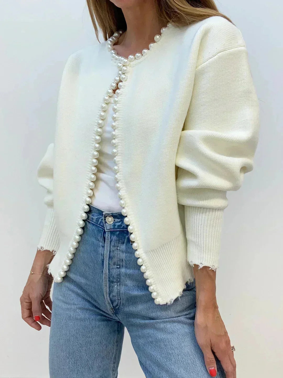 Open Women's Cardigan with Elegant Beaded Trim
