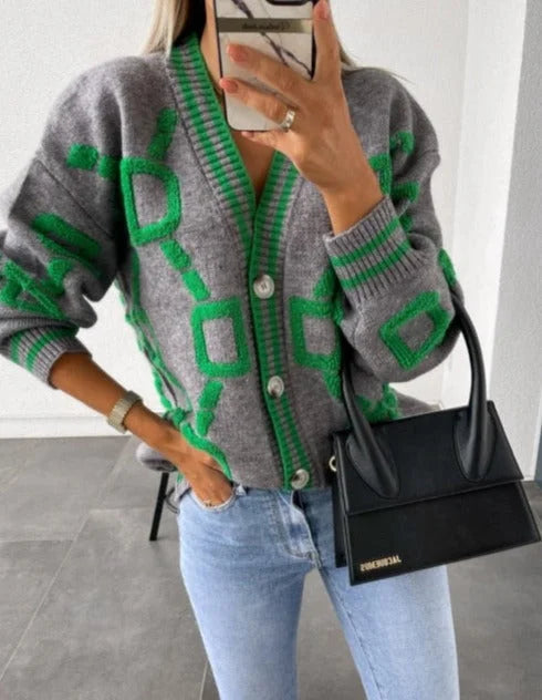 Women's Geometric Pattern Cardigan with Buttons