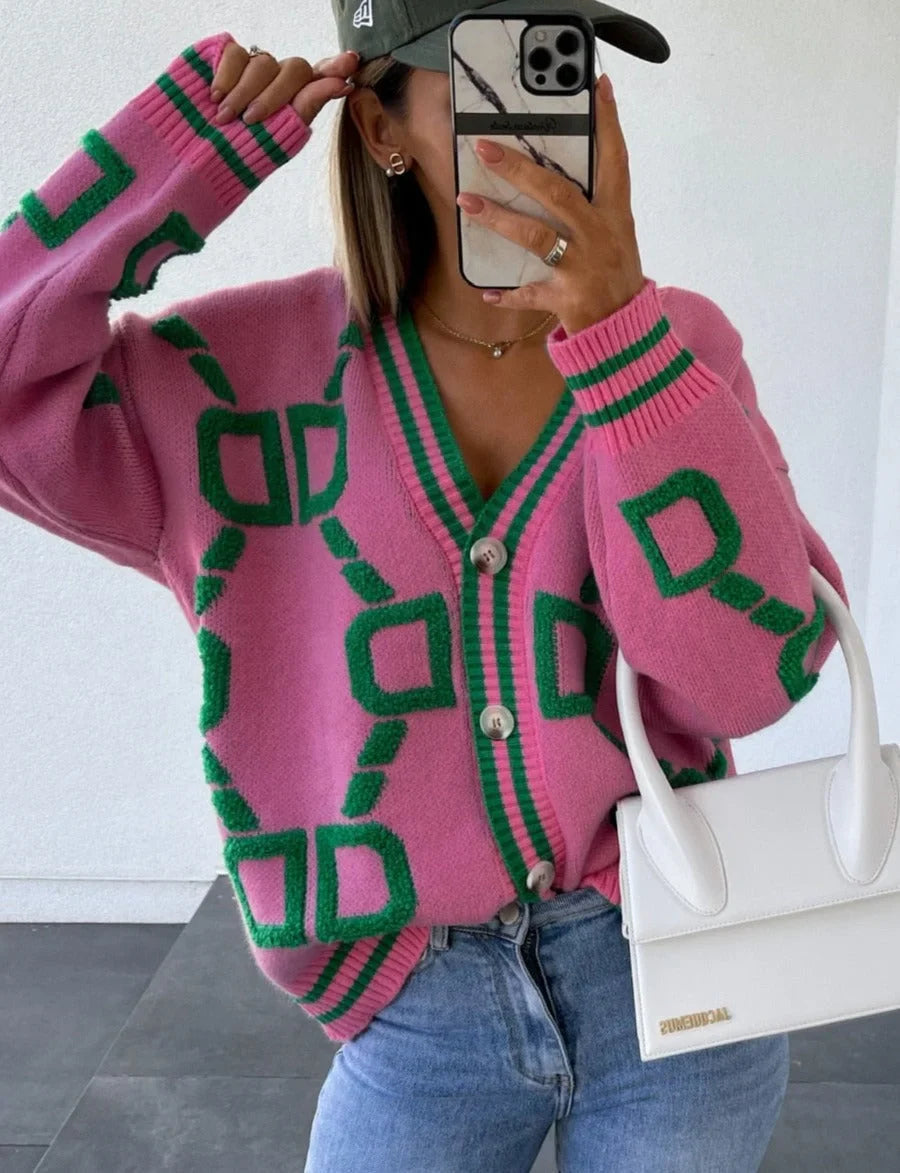Women's Geometric Pattern Cardigan with Buttons