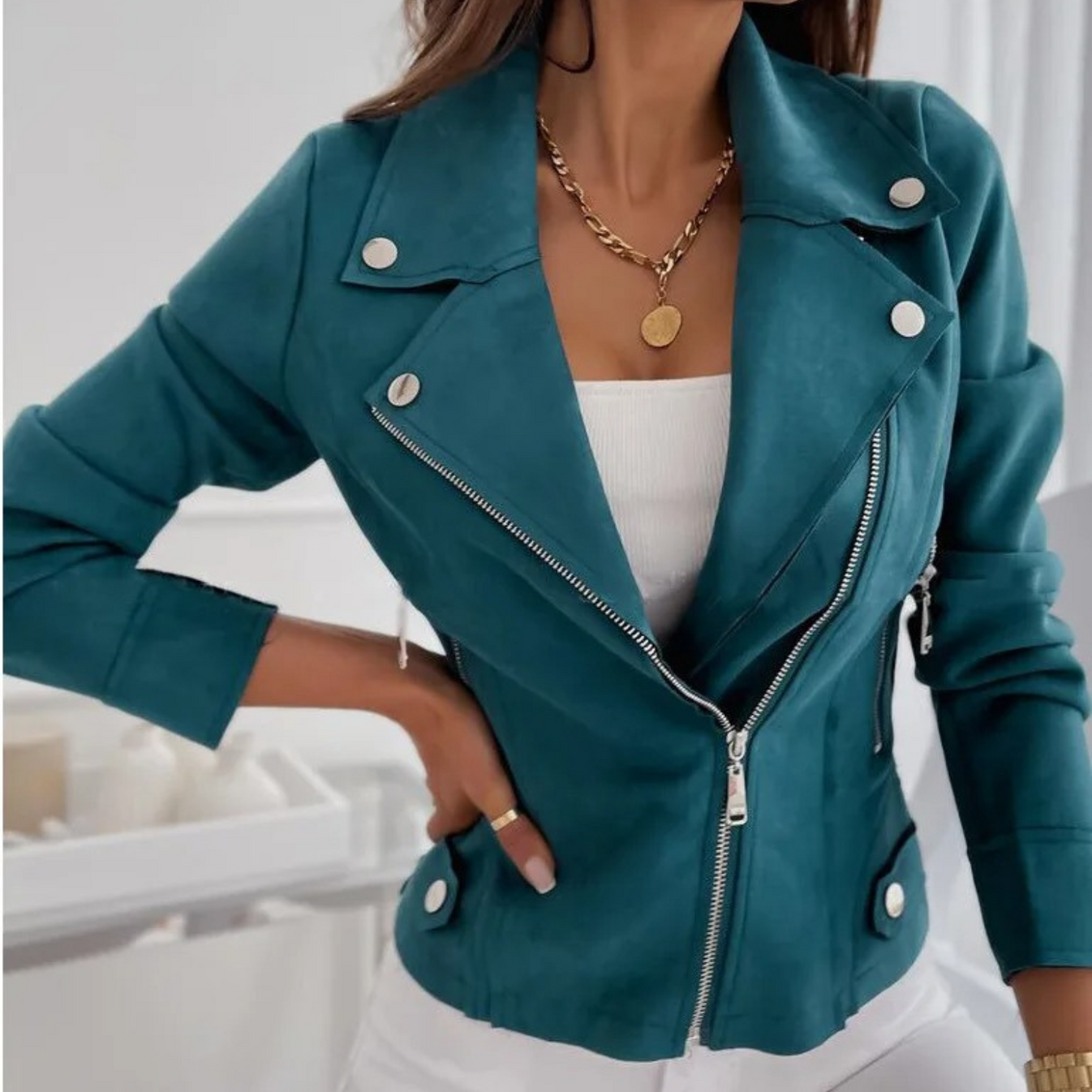 Women's Faux Suede Moto Jacket | Asymmetrical Zip Biker Jacket