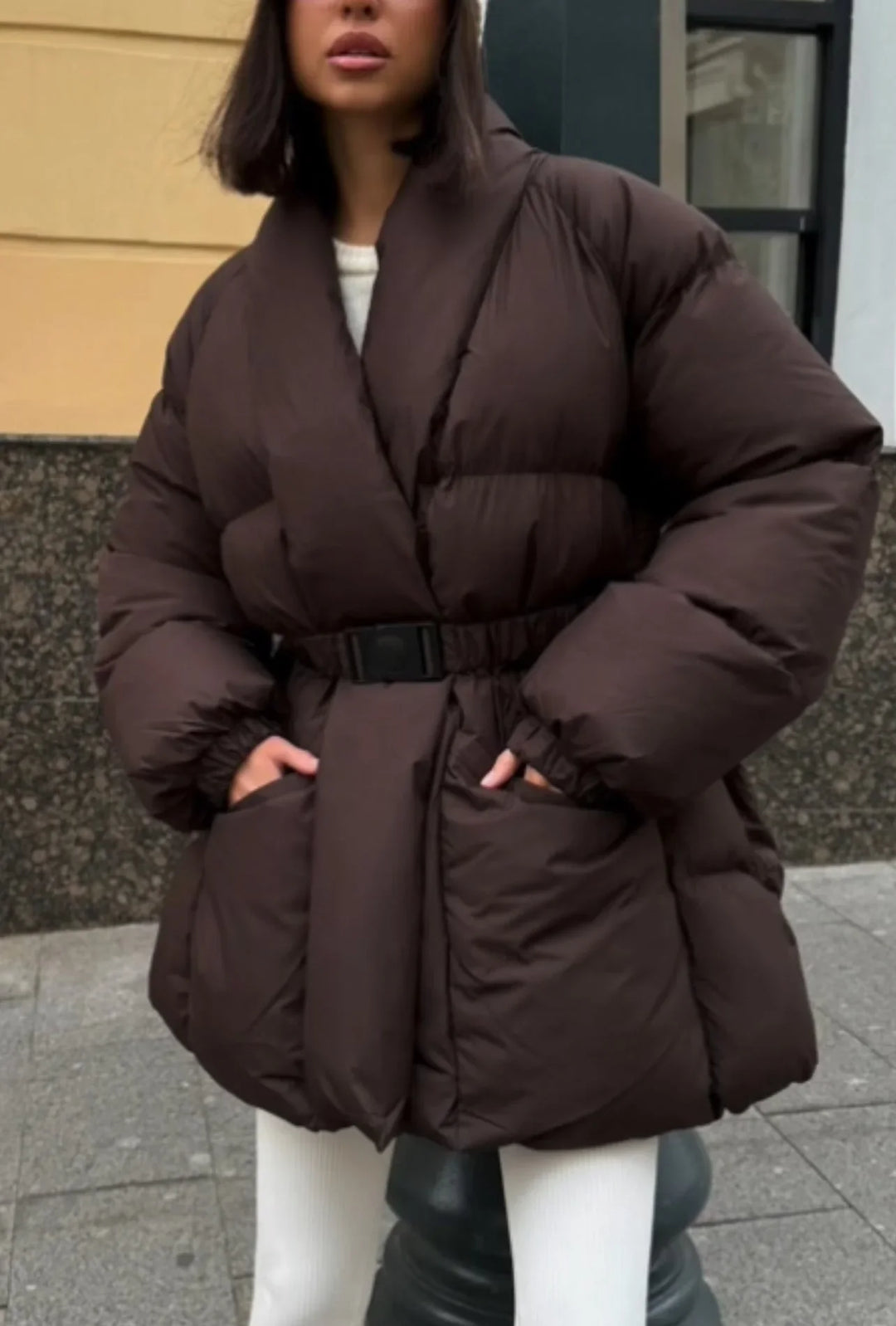 Women's Down Jacket with Belt and High Collar