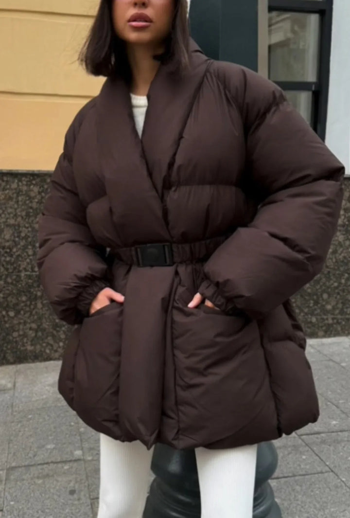 Women's Down Jacket with Belt and High Collar
