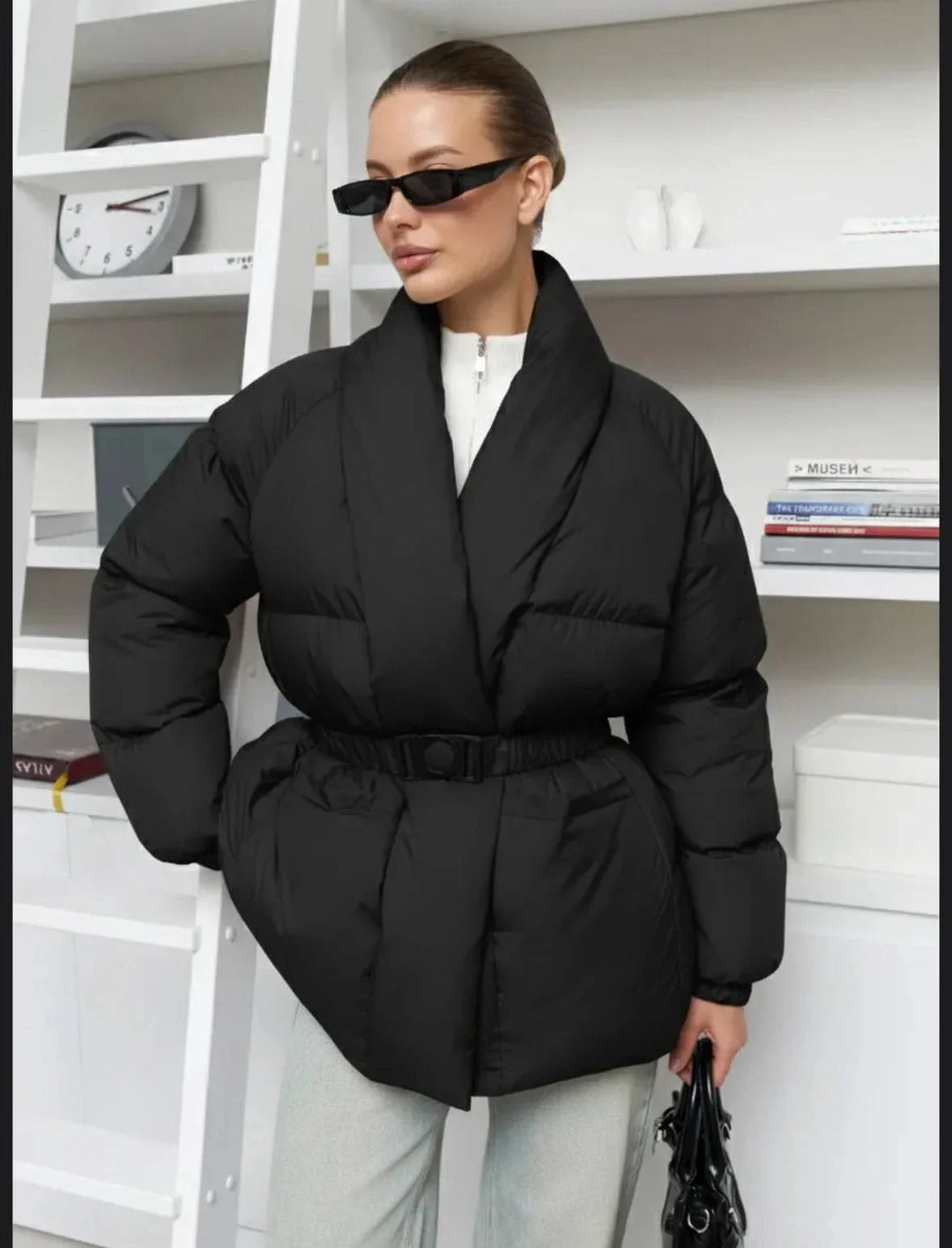 Women's Down Jacket with Belt and High Collar