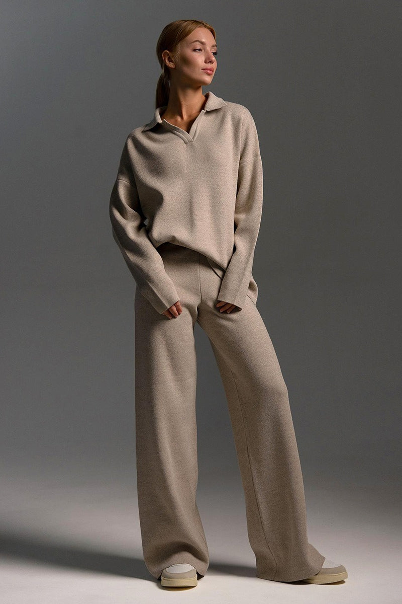 Duttini | Polo Collar Knit Pullover and Wide-Leg Pants Set