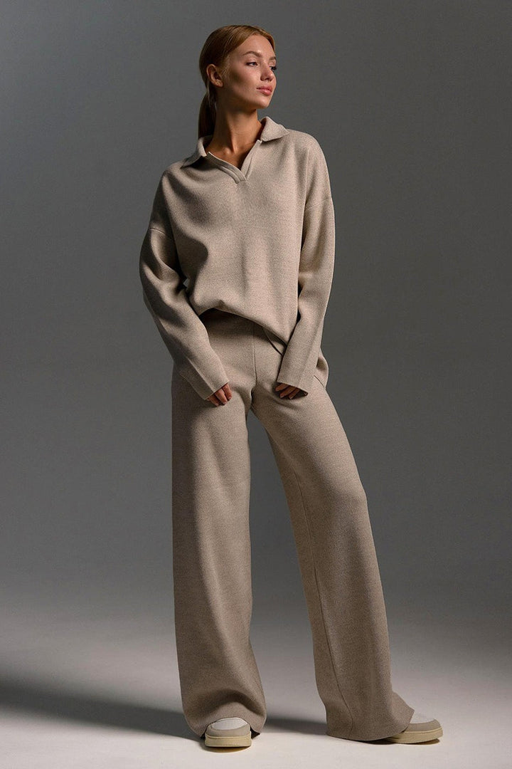 Duttini | Polo Collar Knit Pullover and Wide-Leg Pants Set
