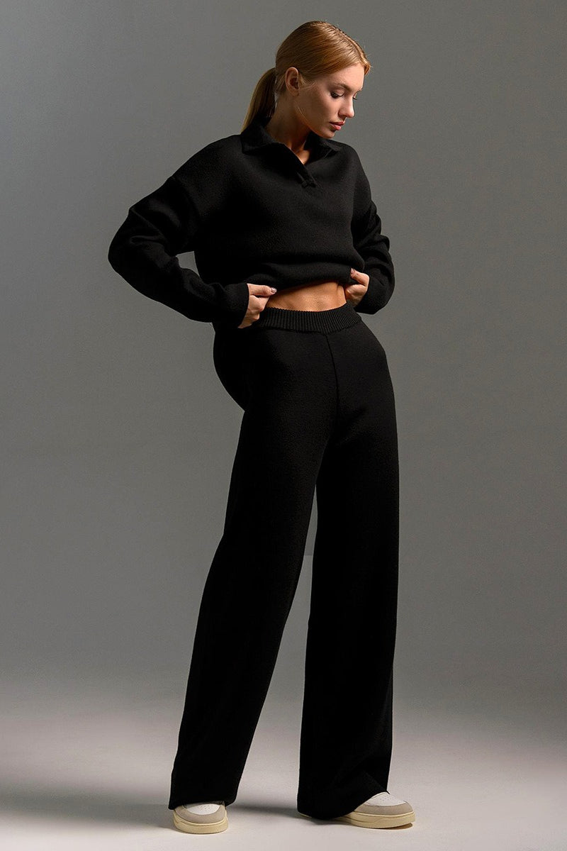 Duttini | Polo Collar Knit Pullover and Wide-Leg Pants Set