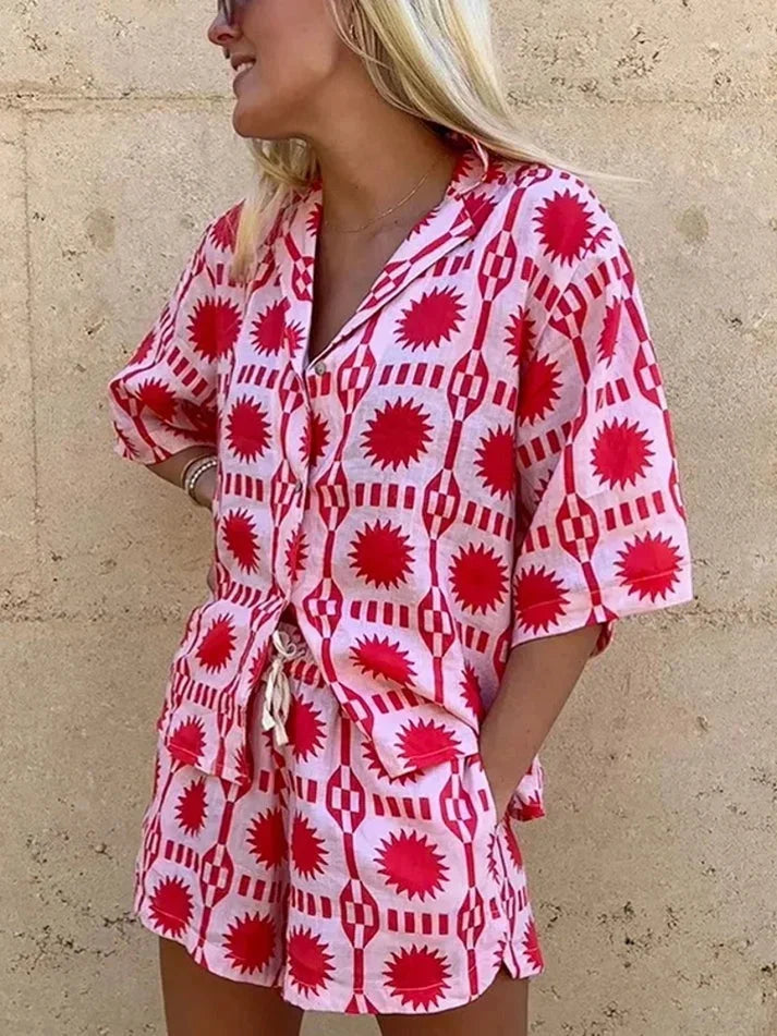 Women's Geometric Print Shirt And Shorts Set | Playful Lightweight Summer Set