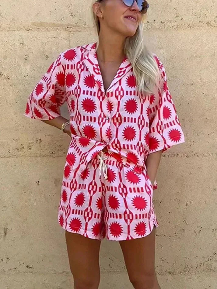 Women's Geometric Print Shirt And Shorts Set | Playful Lightweight Summer Set