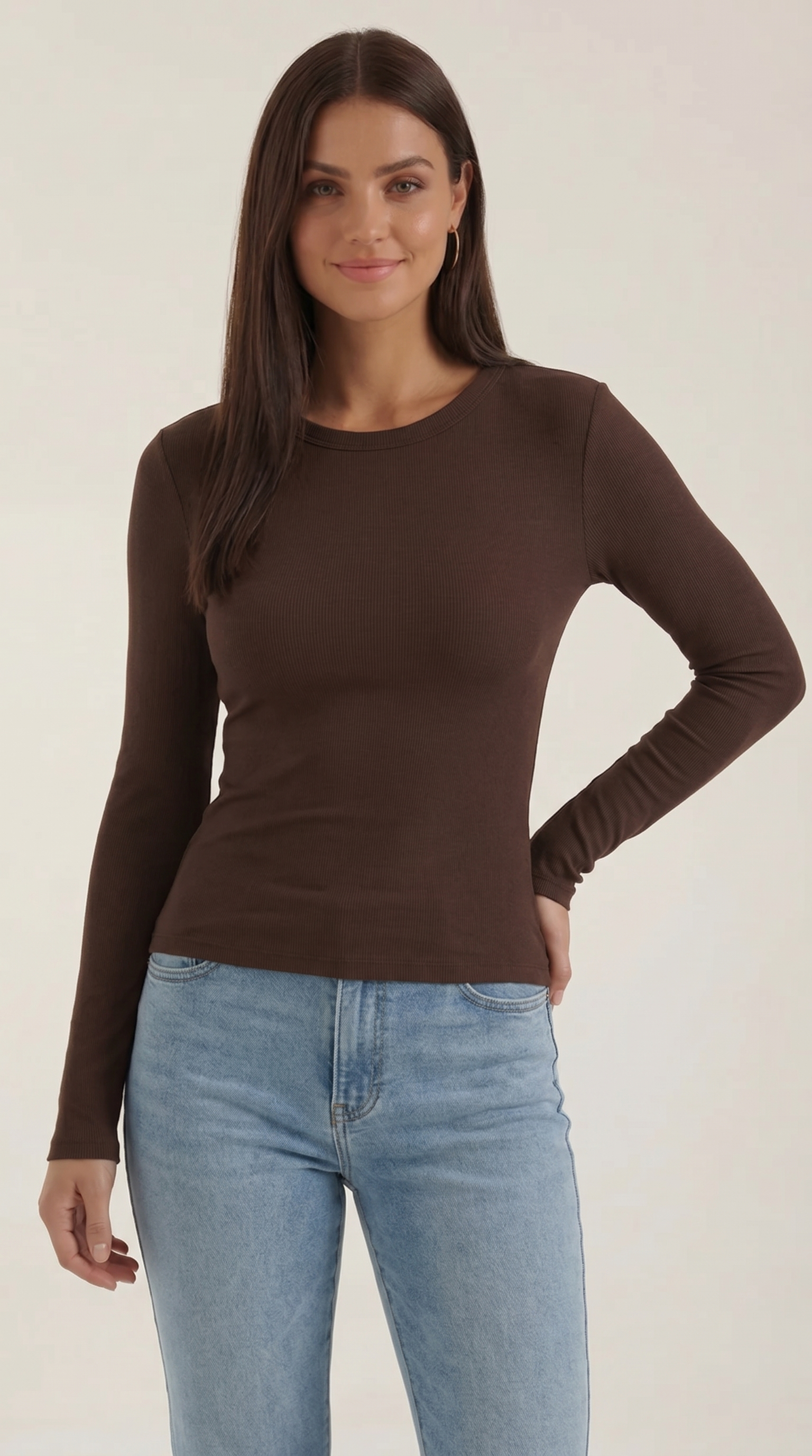 Women's Ribbed Long-Sleeve Fitted T-Shirt | Soft Round-Neck Layering Top