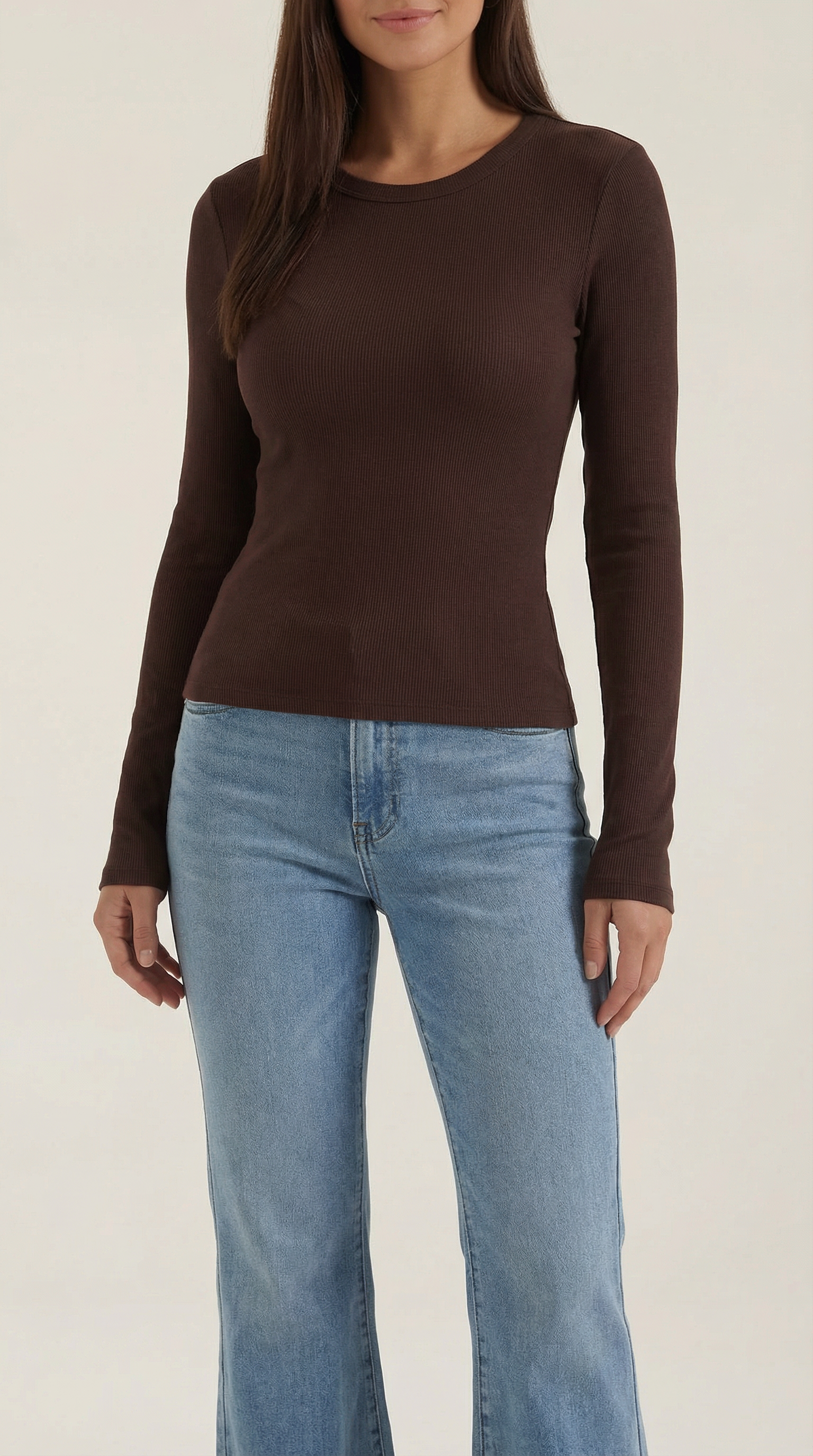 Women's Ribbed Long-Sleeve Fitted T-Shirt | Soft Round-Neck Layering Top