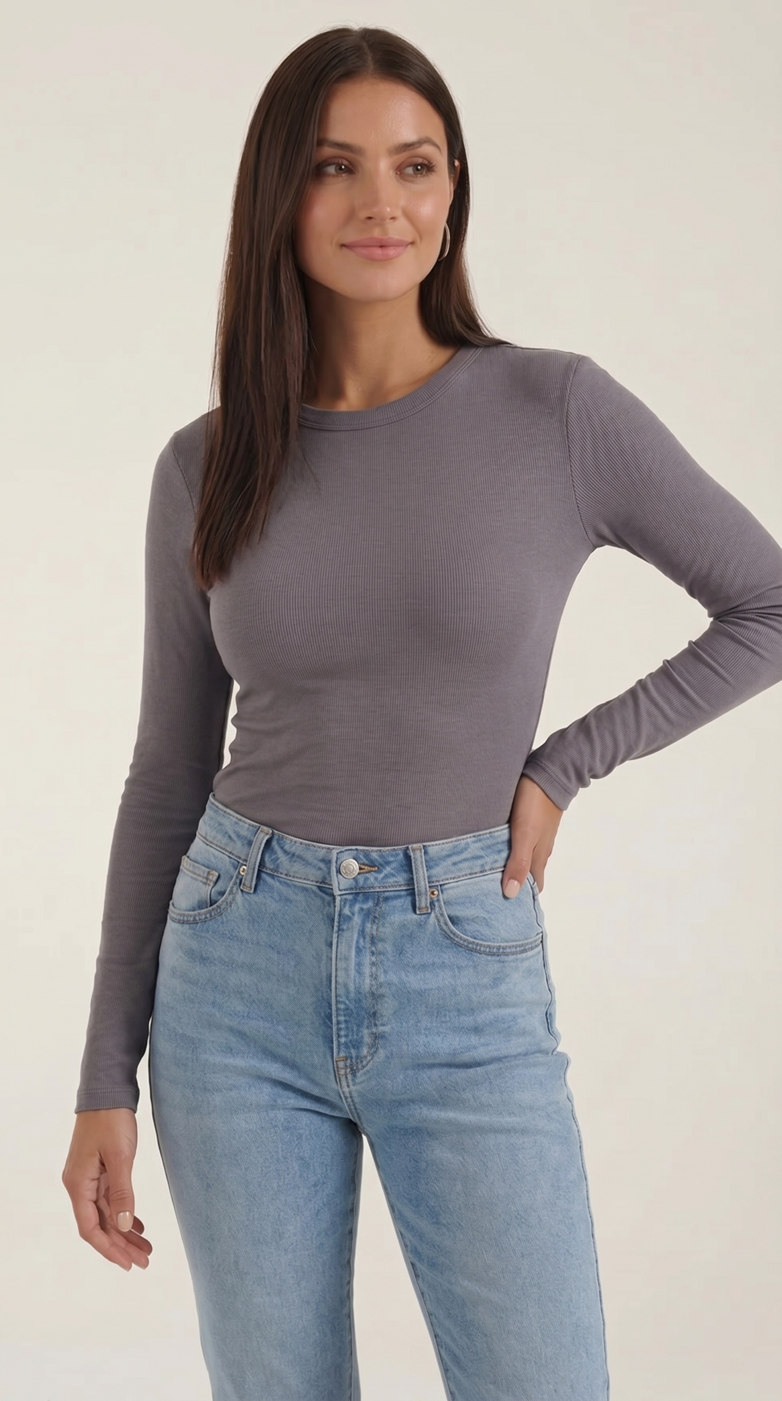 Women's Ribbed Long-Sleeve Fitted T-Shirt | Soft Round-Neck Layering Top