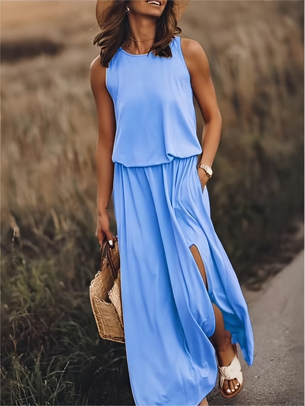 Tessa Blouson Maxi Dress | Round Neck Sleeveless Elastic Waist Side Slit