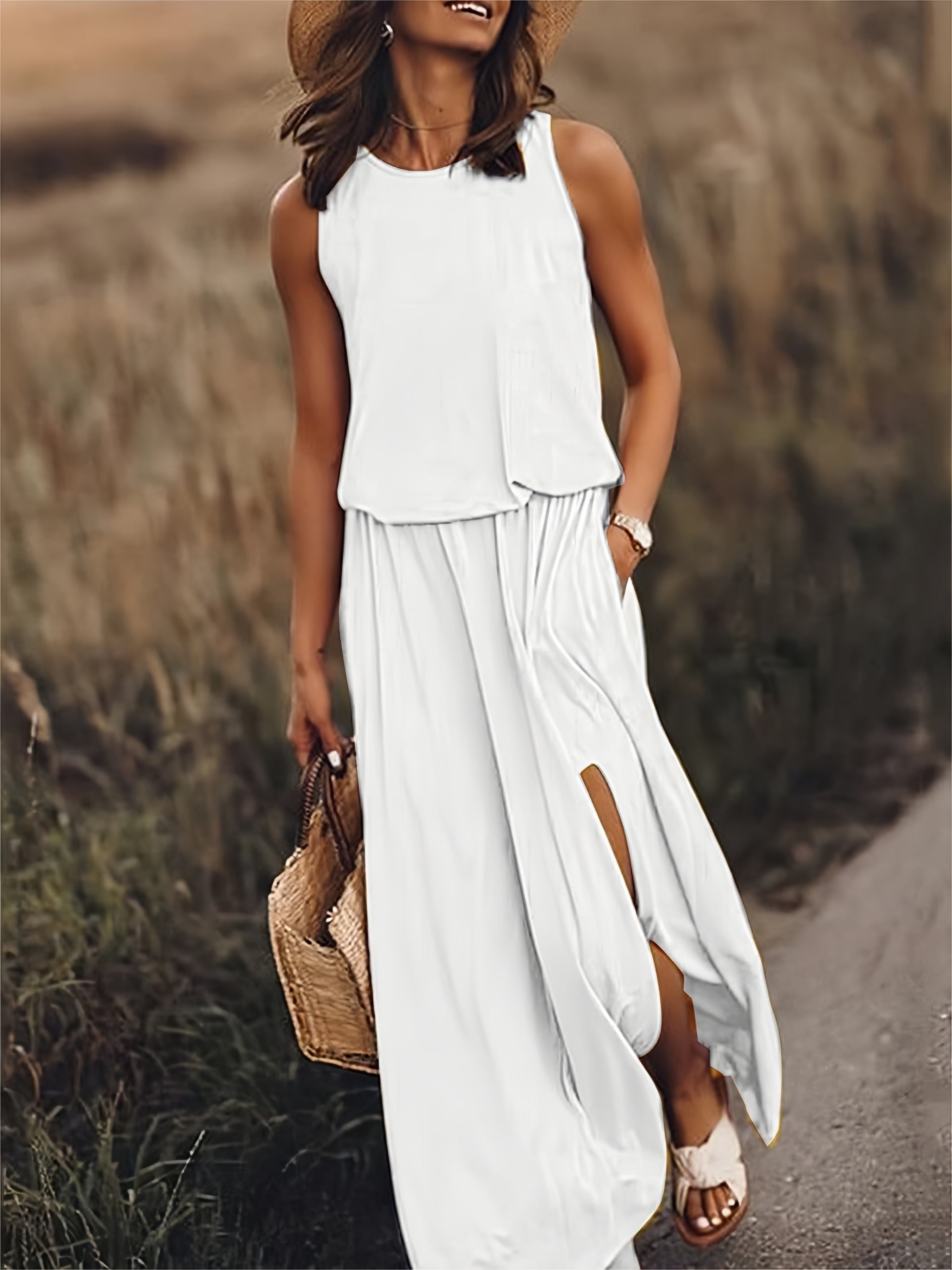 Tessa Blouson Maxi Dress | Round Neck Sleeveless Elastic Waist Side Slit