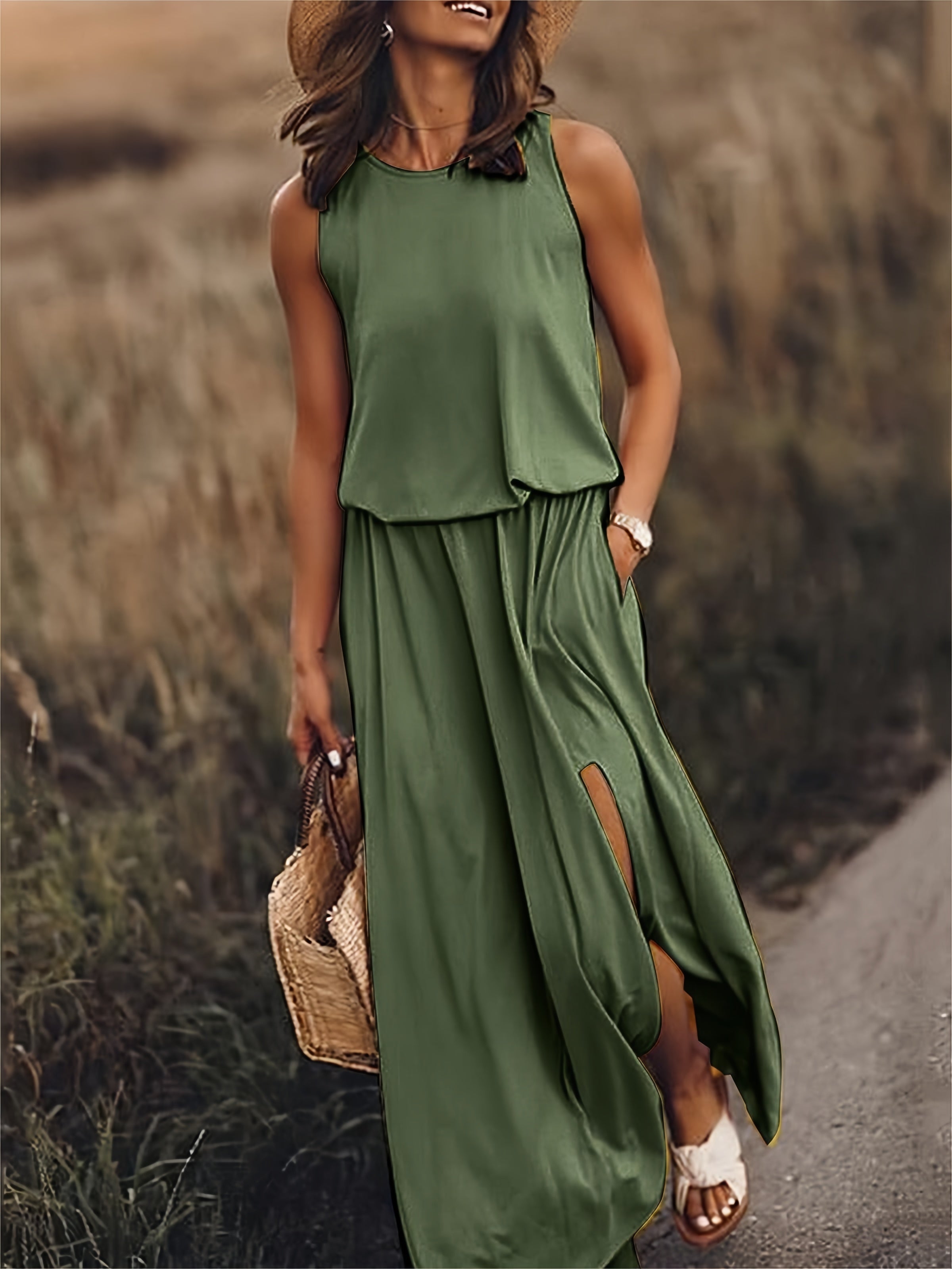 Tessa Blouson Maxi Dress | Round Neck Sleeveless Elastic Waist Side Slit