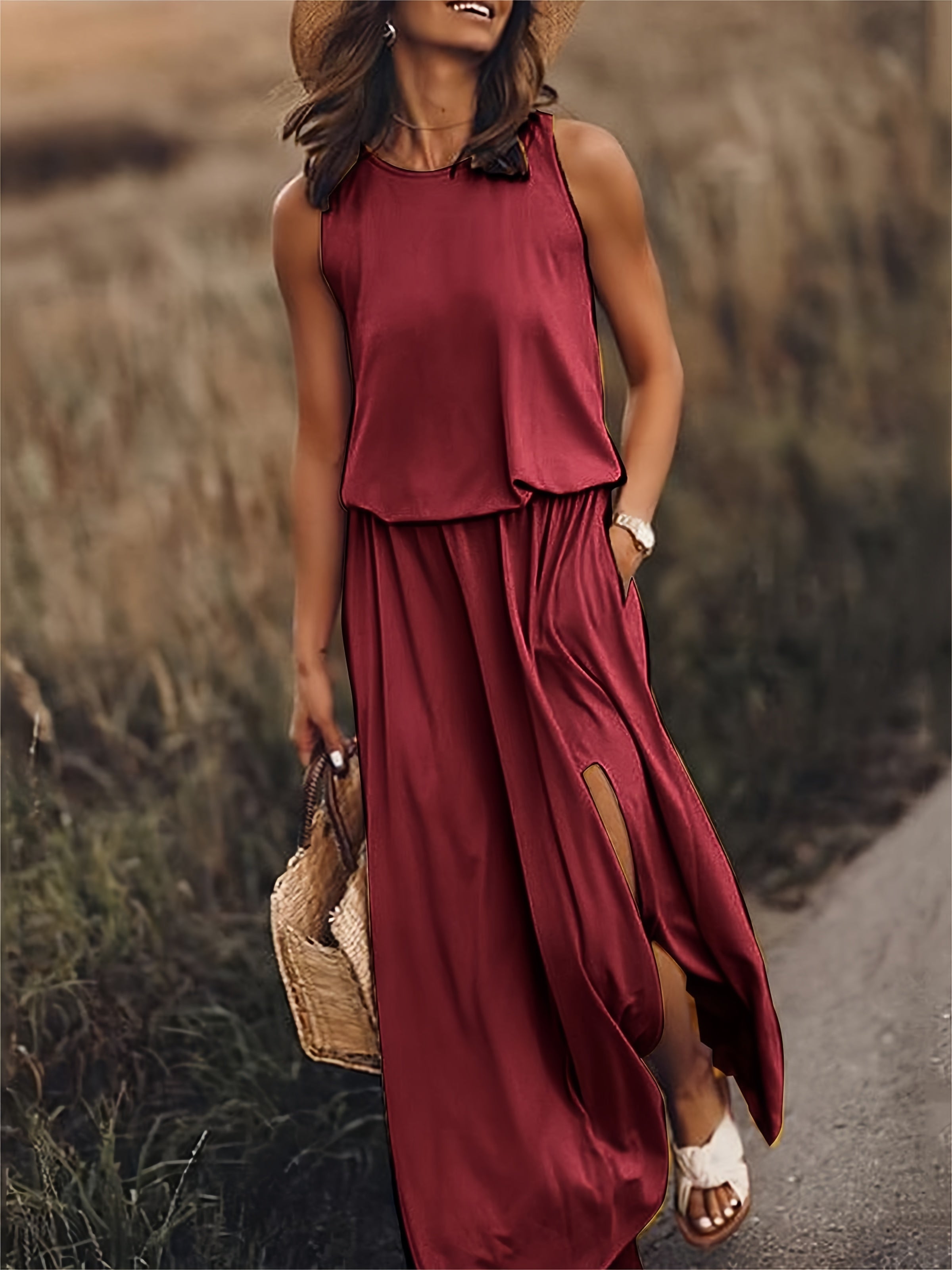 Tessa Blouson Maxi Dress | Round Neck Sleeveless Elastic Waist Side Slit