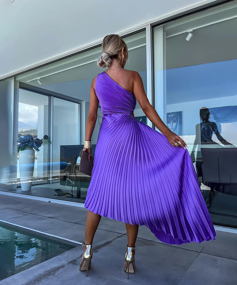 Women's One-Shoulder Asymmetric Midi Dress | Elegant Wedding Guest Evening Dress