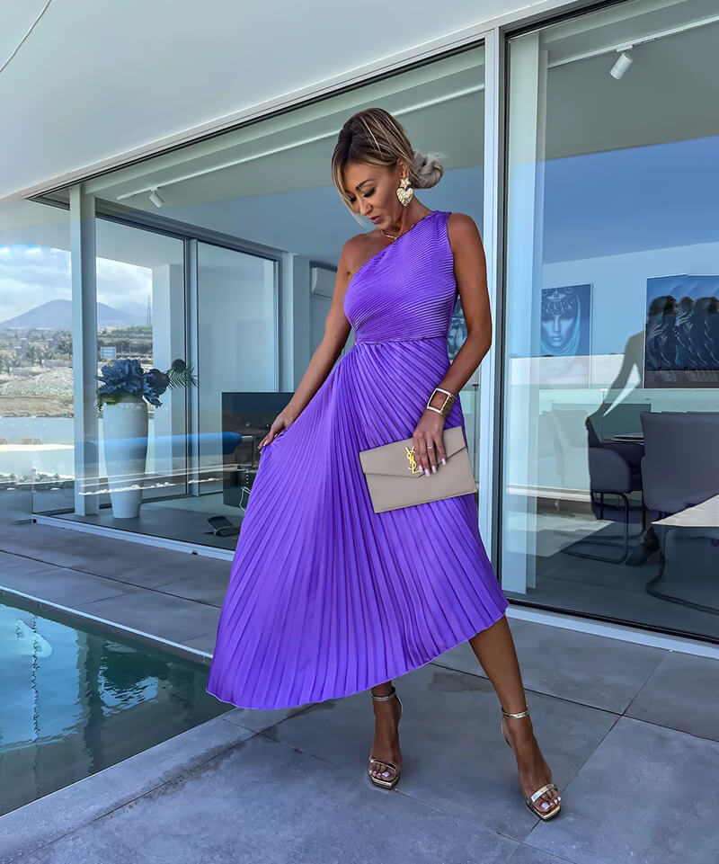 Women's One-Shoulder Asymmetric Midi Dress | Elegant Wedding Guest Evening Dress