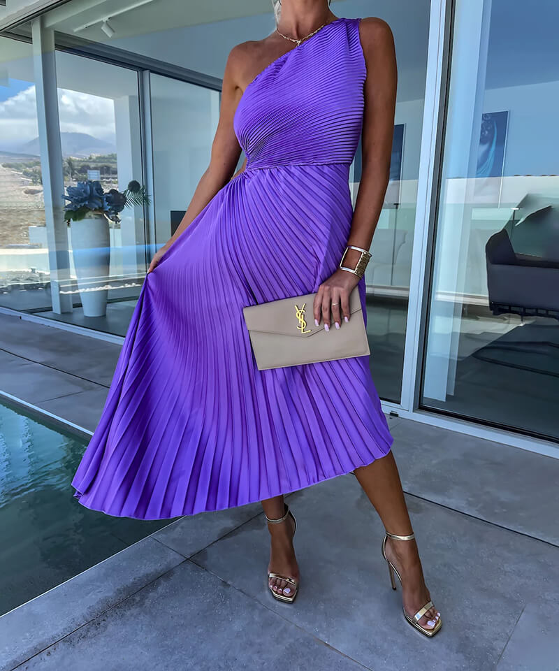 Women's One-Shoulder Asymmetric Midi Dress | Elegant Wedding Guest Evening Dress