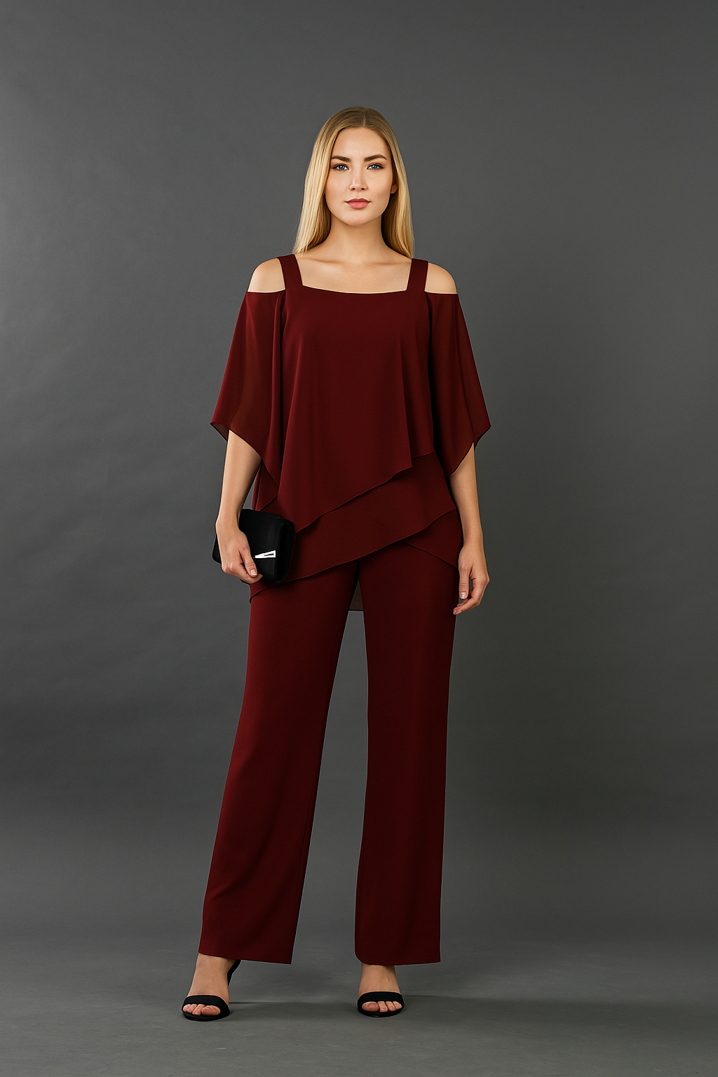 Women's Chiffon Pant Set | Cold-Shoulder Asymmetrical Two-Piece Set