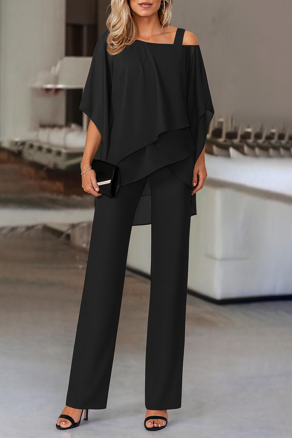 Women's Chiffon Pant Set | Cold-Shoulder Asymmetrical Two-Piece Set
