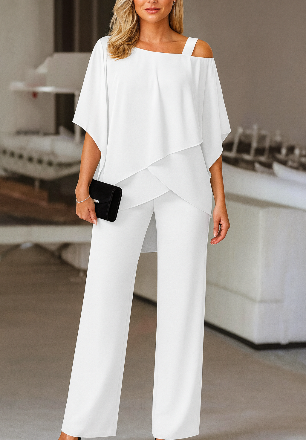Women's Chiffon Pant Set | Cold-Shoulder Asymmetrical Two-Piece Set