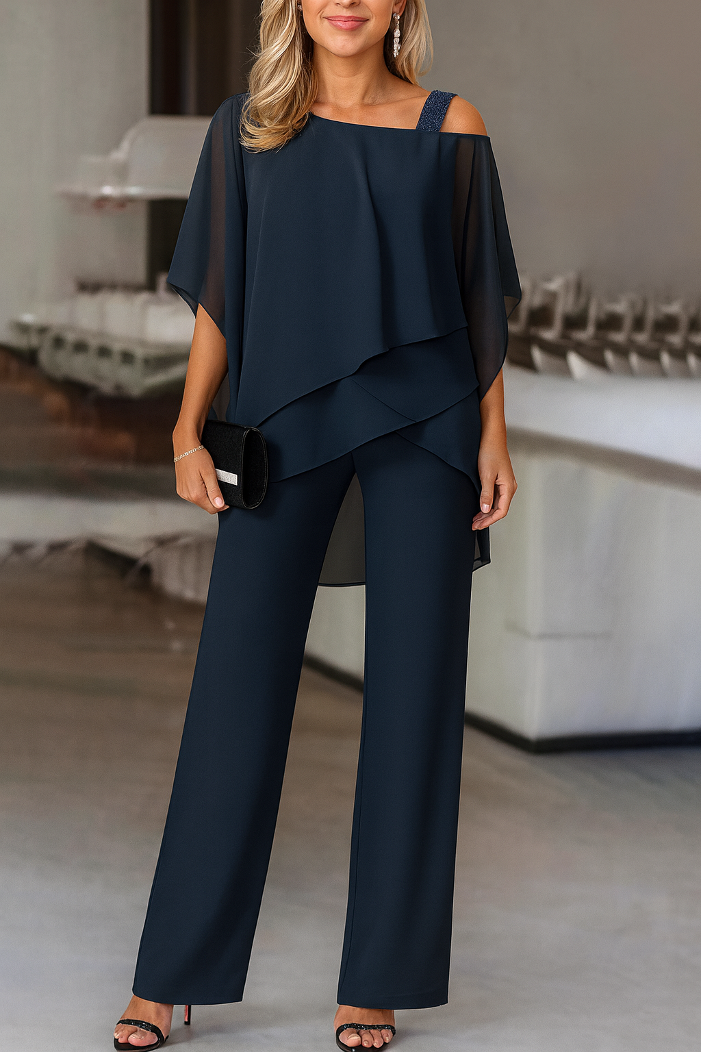 Women's Chiffon Pant Set | Cold-Shoulder Asymmetrical Two-Piece Set
