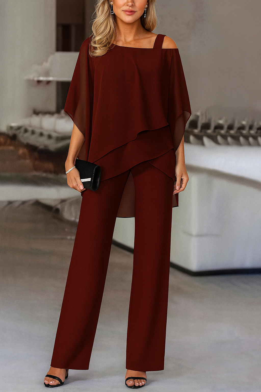 Women's Chiffon Pant Set | Cold-Shoulder Asymmetrical Two-Piece Set