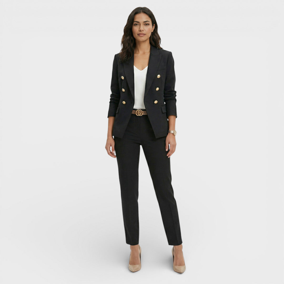 Women's Blazer Suit Set with Double-Breasted Gold Buttons