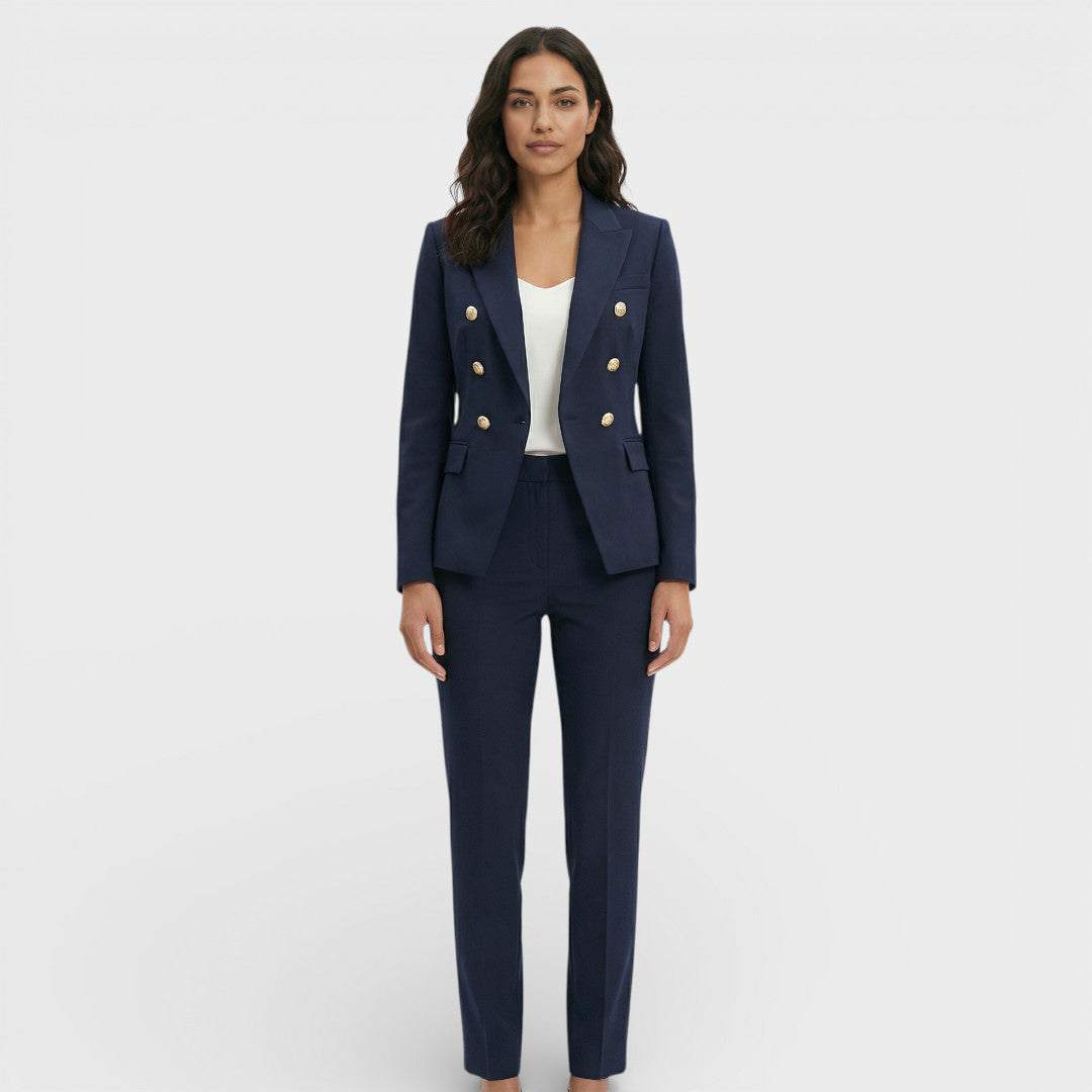 Women's Blazer Suit Set with Double-Breasted Gold Buttons