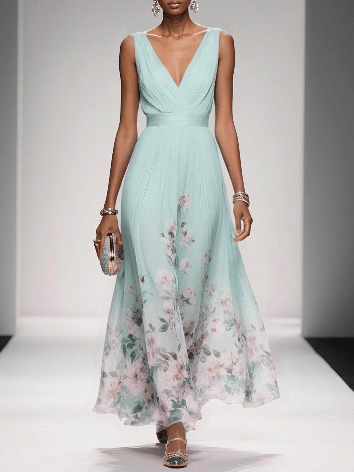 Women's Floral Print Midi Dress | Elegant Wedding Guest Dress