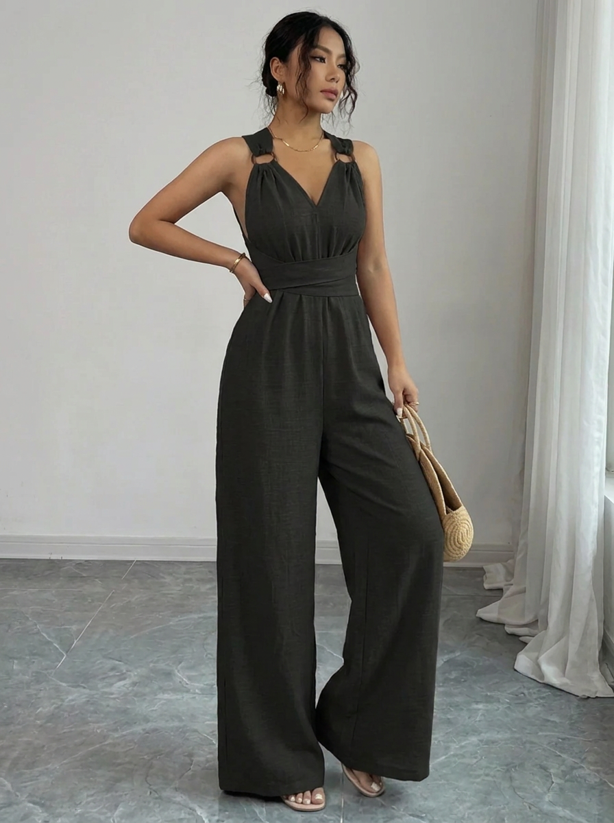 Women's Lace-Trim Jumpsuit Set | Cami Jumpsuit & Long-Sleeve Lace Top with Pockets