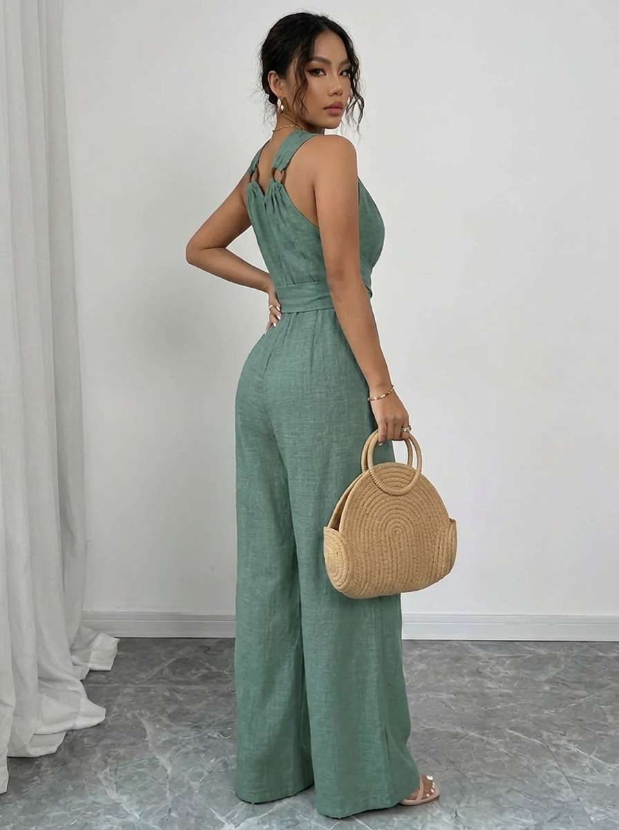 Women's Lace-Trim Jumpsuit Set | Cami Jumpsuit & Long-Sleeve Lace Top with Pockets