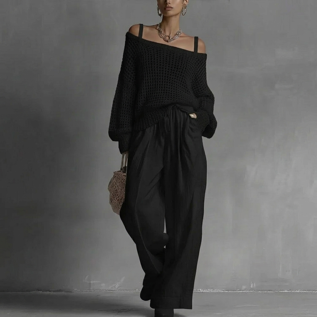 Women's Off-Shoulder Wide-Leg Two-Piece Set | Elegant Textured Trouser Co-Ord