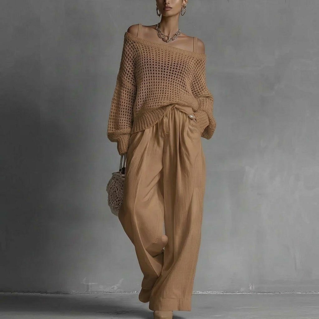 Women's Off-Shoulder Wide-Leg Two-Piece Set | Elegant Textured Trouser Co-Ord