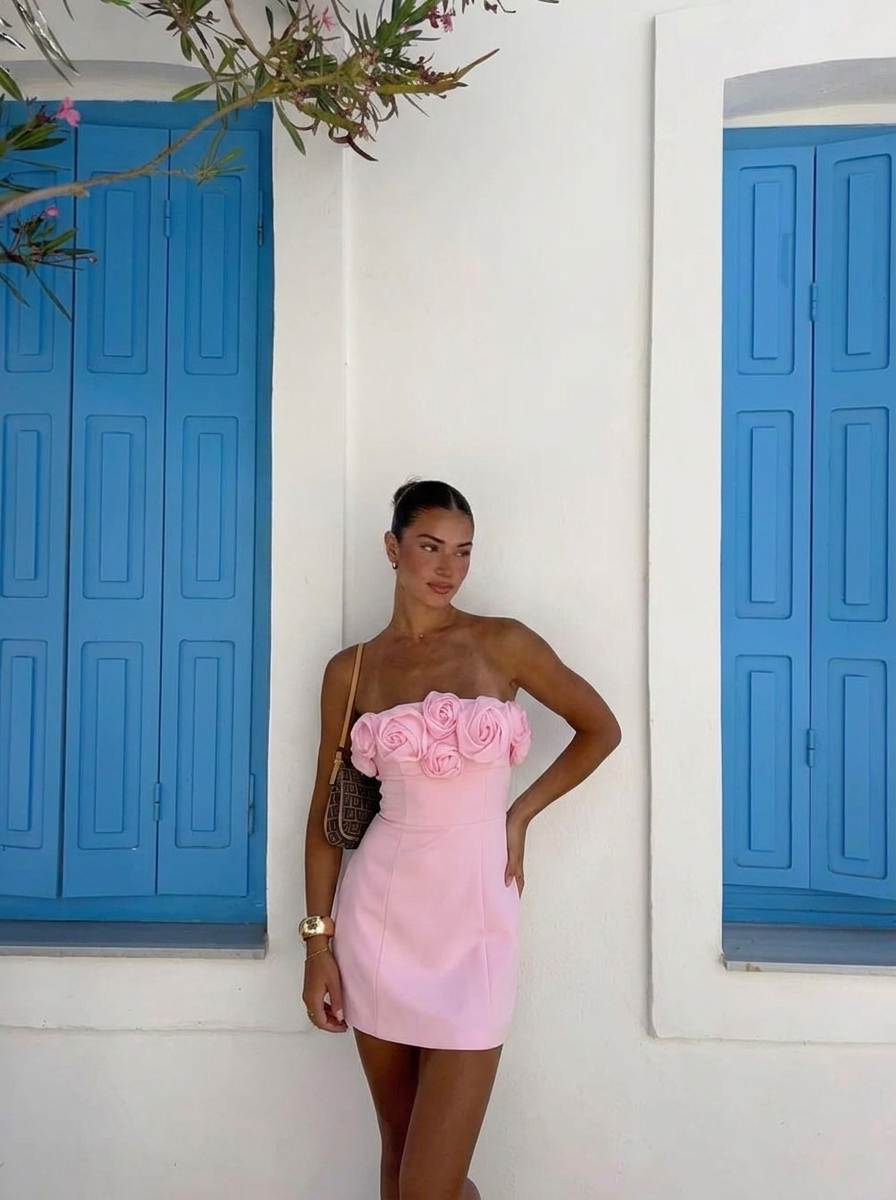 Rosette Strapless Mini Dress Pink