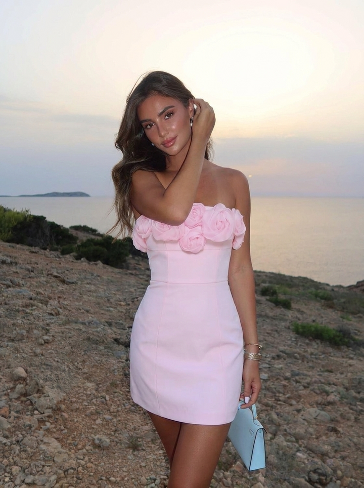 Rosette Strapless Mini Dress Pink