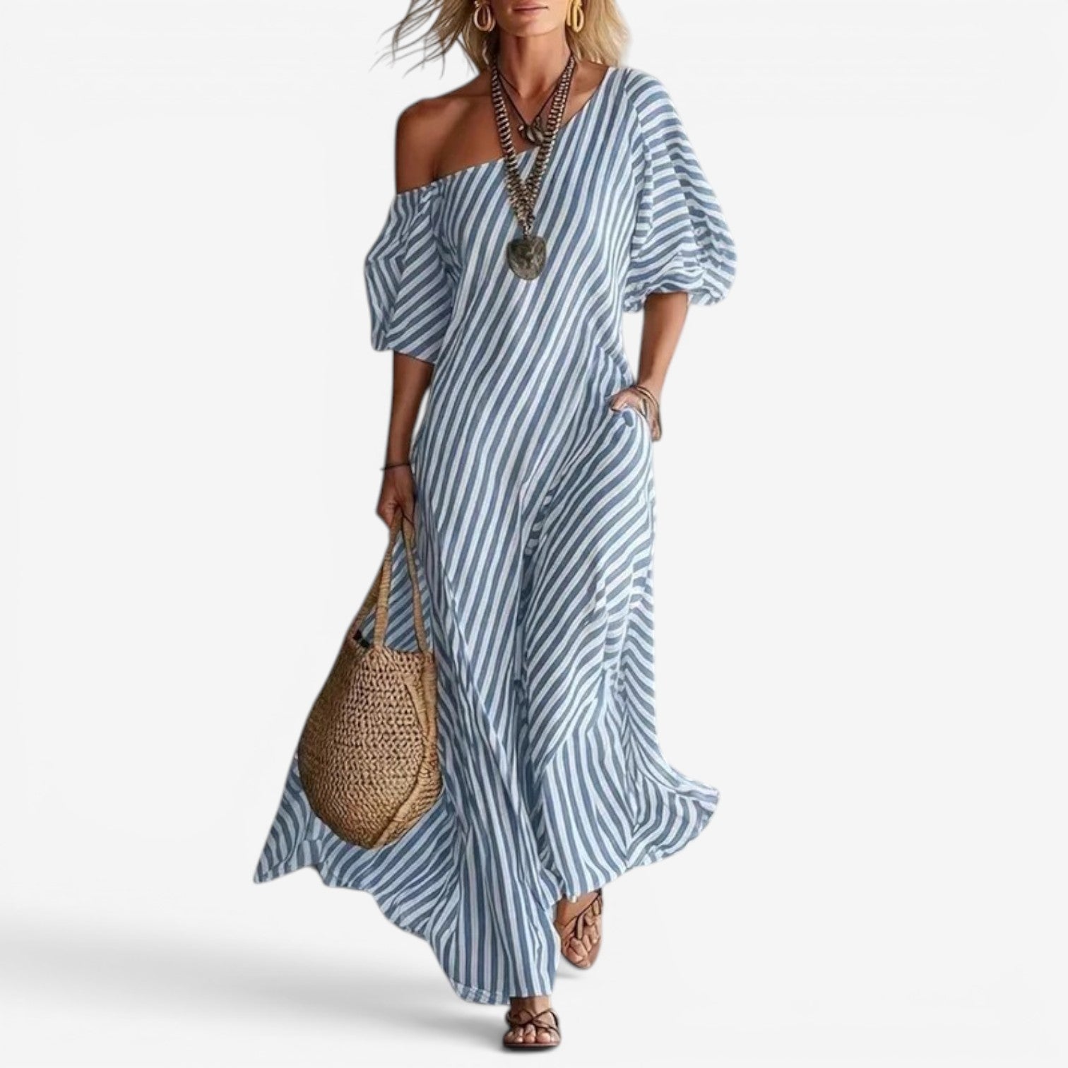 Women's Striped Off-Shoulder Maxi Dress | Effortless Elegant Summer Dress