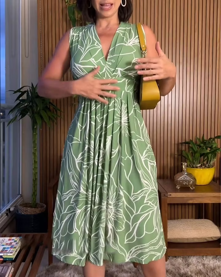 Women's Floral V-Neck Midi Dress | Elegant A-Line Knee-Length Dress