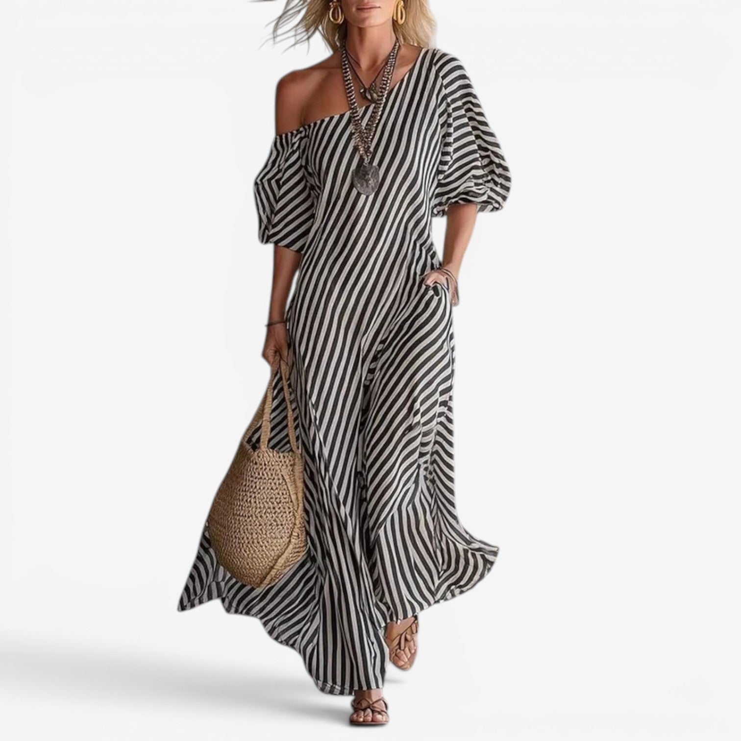 Women's Striped Off-Shoulder Maxi Dress | Effortless Elegant Summer Dress
