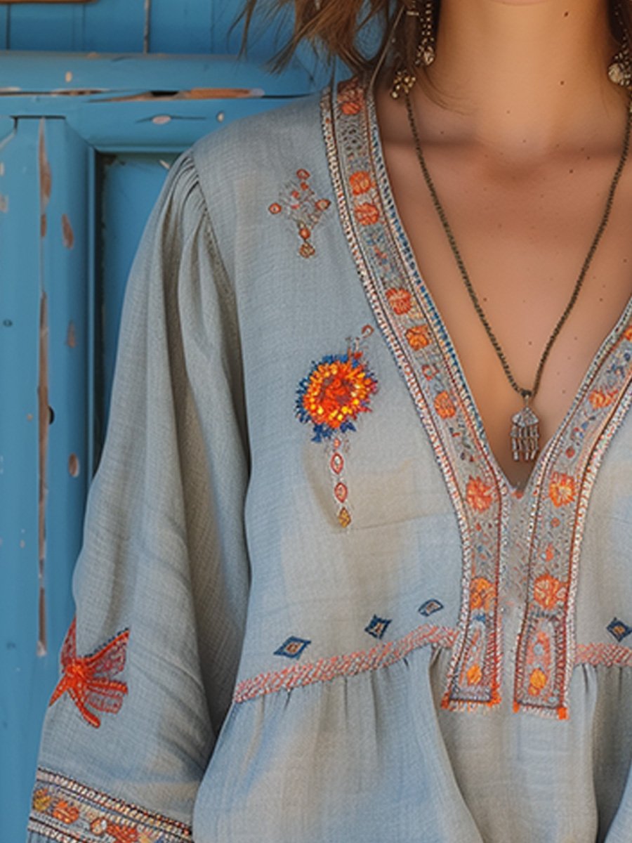 Women's Embroidered Cotton Blouse | Bohemian V-Neck Summer Top