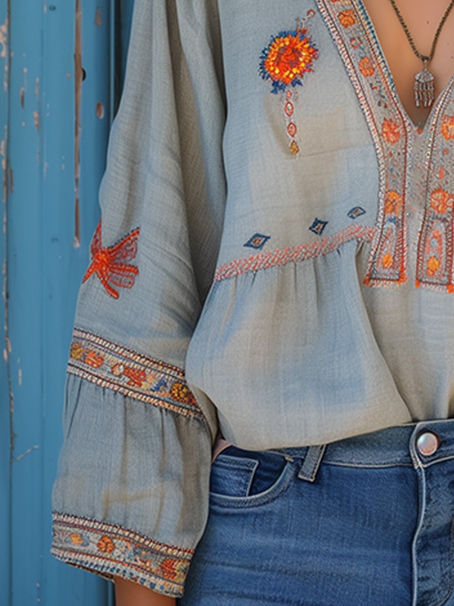 Women's Embroidered Cotton Blouse | Bohemian V-Neck Summer Top