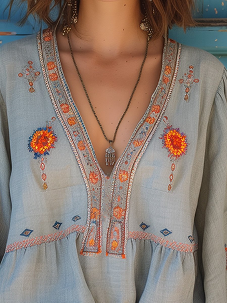 Women's Embroidered Cotton Blouse | Bohemian V-Neck Summer Top