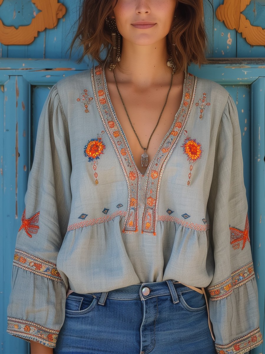 Women's Embroidered Cotton Blouse | Bohemian V-Neck Summer Top