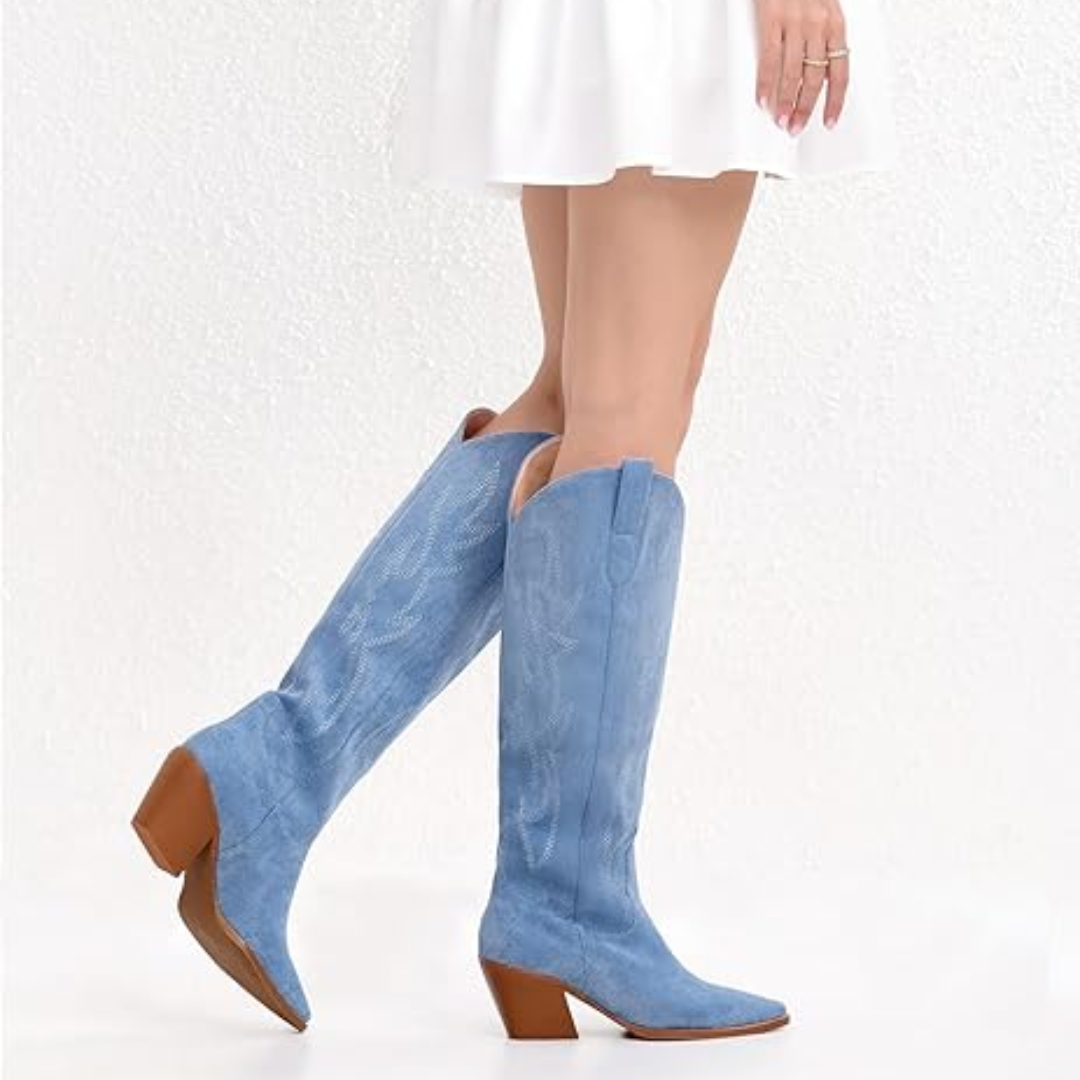 Women's Suede Western Cowboy Boots | Knee-High Block-Heel Boots