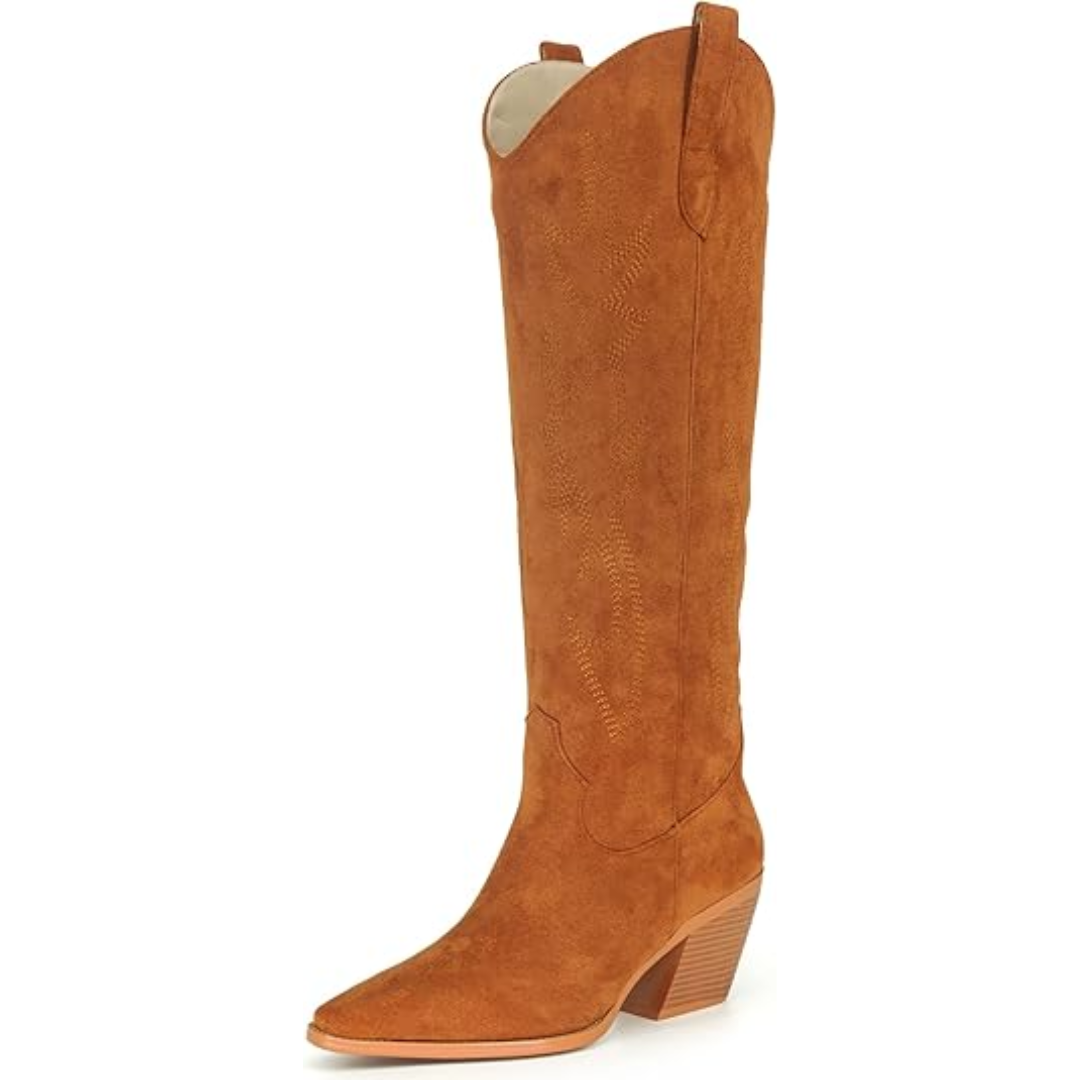 Women's Suede Western Cowboy Boots | Knee-High Block-Heel Boots