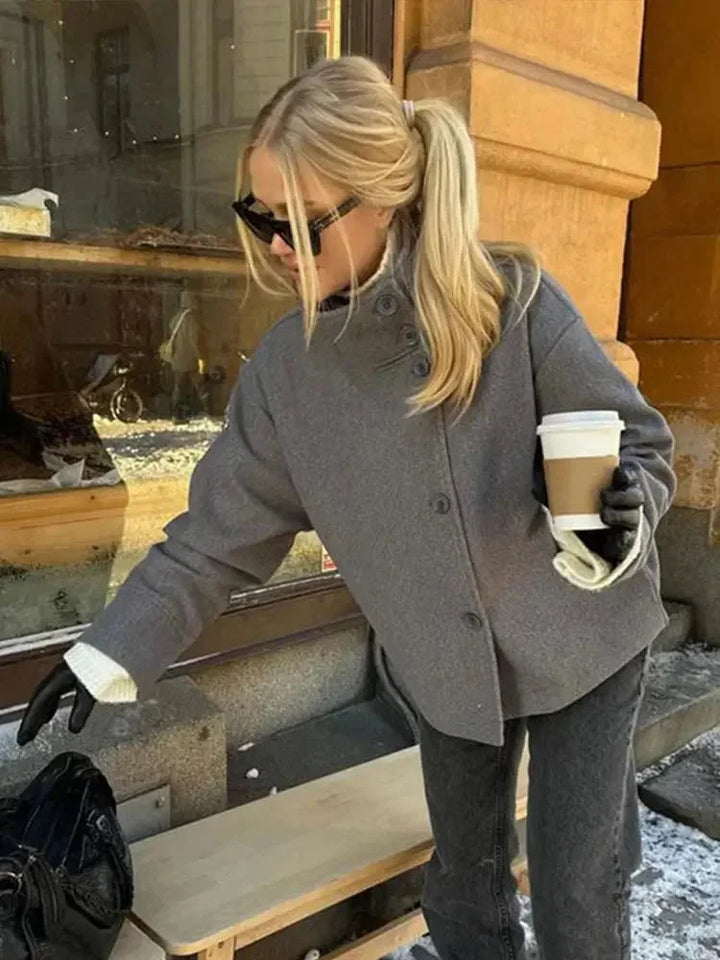 Short Women's Coat with Buttons and High Collar